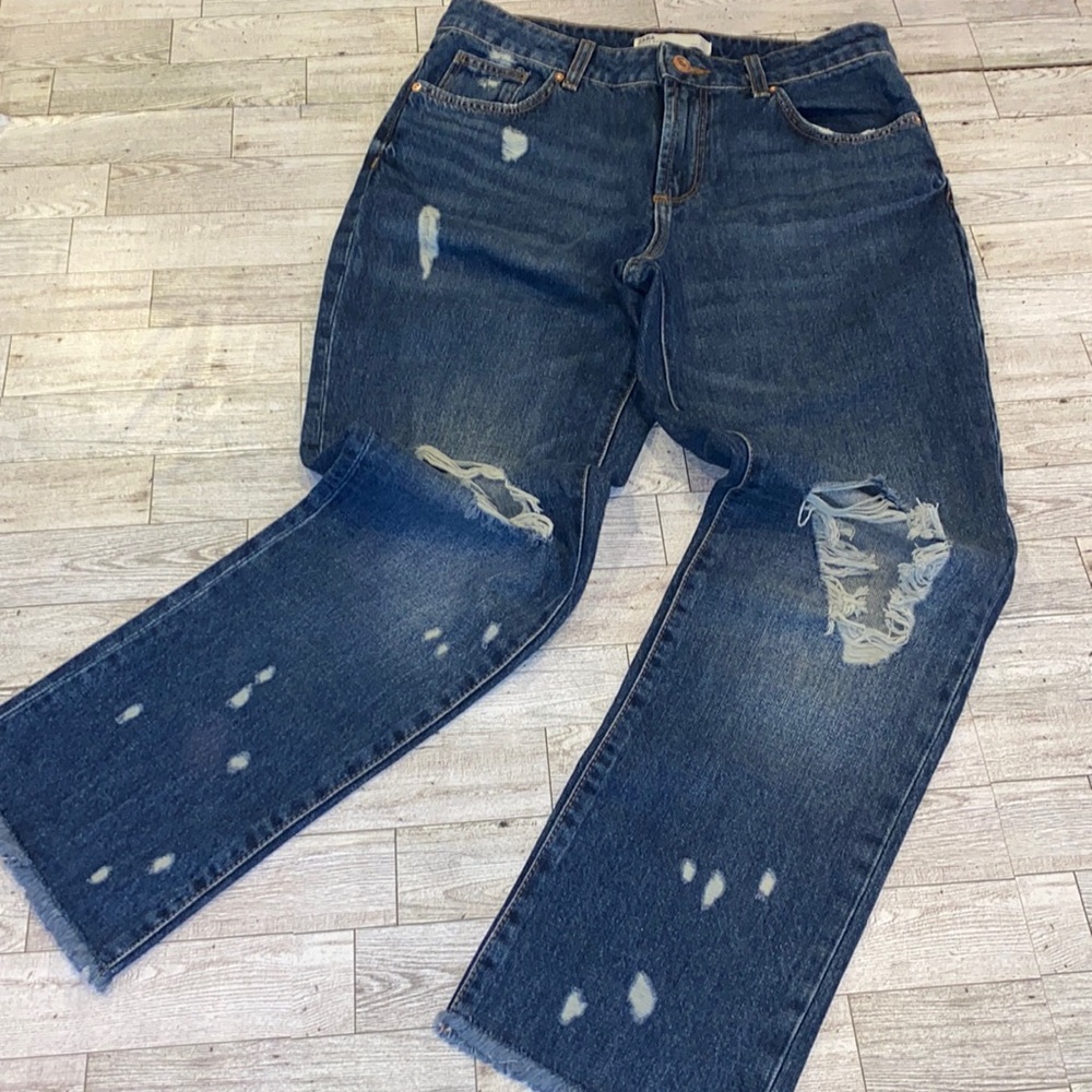 Zara Z1975 Denim Distressed Ripped Raw Hem Boyfriend Jeans Size 4 - Picture 13 of 13